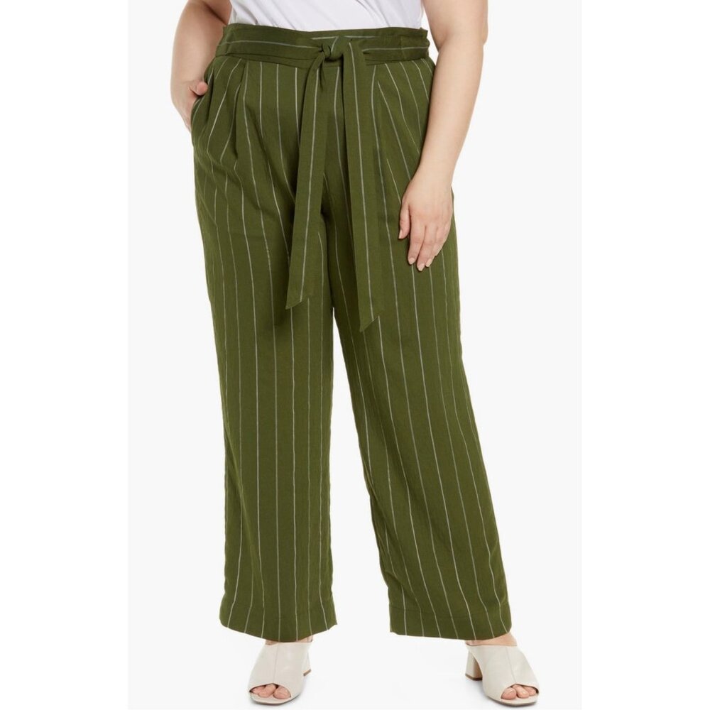 Vince Womens Belted Stripe Wide Leg Pants Trousers Olive Green Plus size 1X